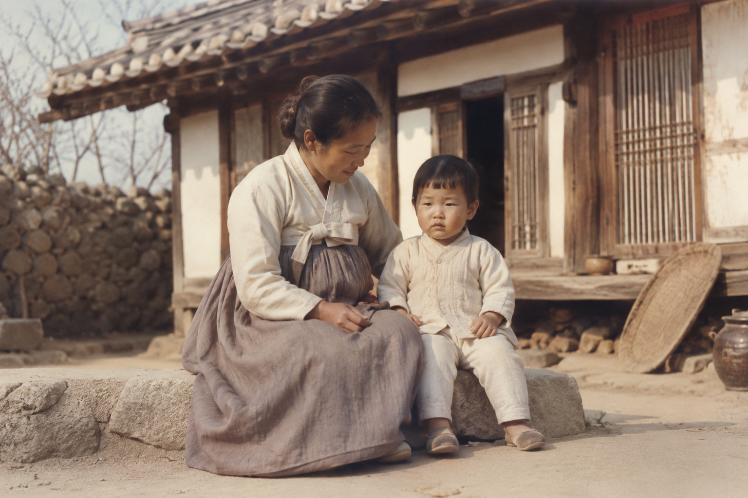 한옥 디딤돌 위에 앉은 어머니와 아이